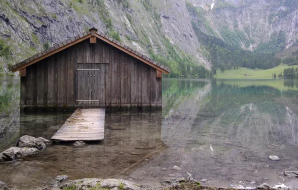 Картинка озеро, отражение, хижина, boat hut