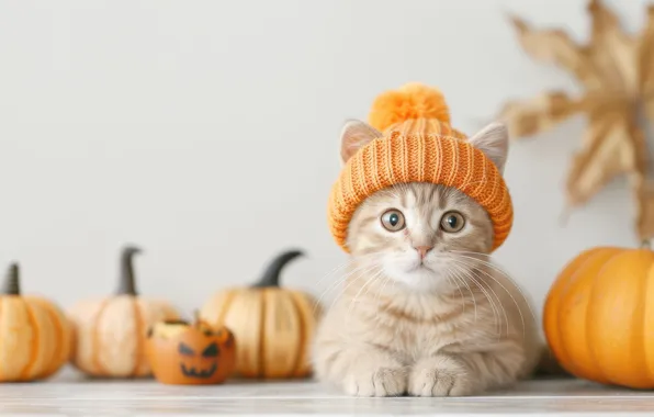Осень, кошка, взгляд, котенок, рыжий, тыквы, лежит, Хэллоуин