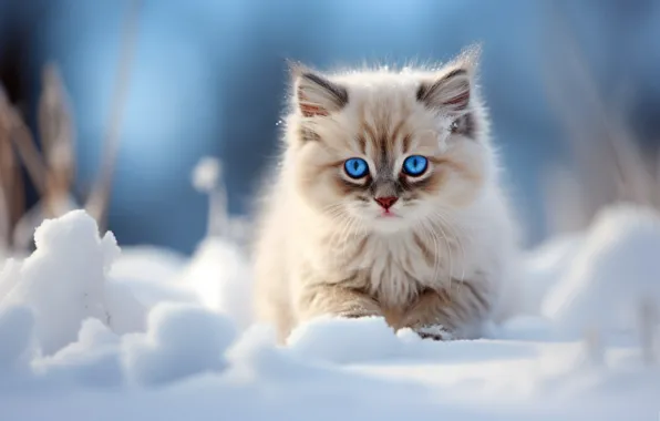 Зима, кошка, белый, взгляд, свет, снег, природа, поза