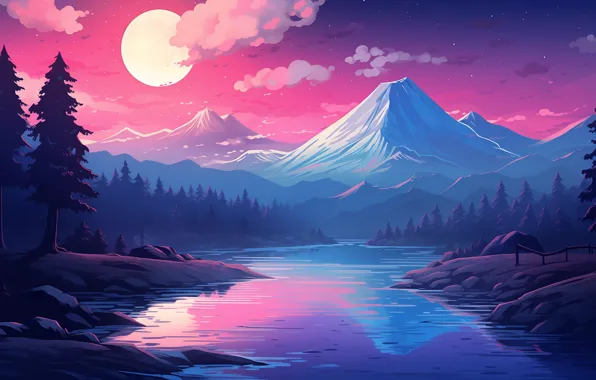 River, landscape, anime, night, clouds, blue background, digital art, pink background