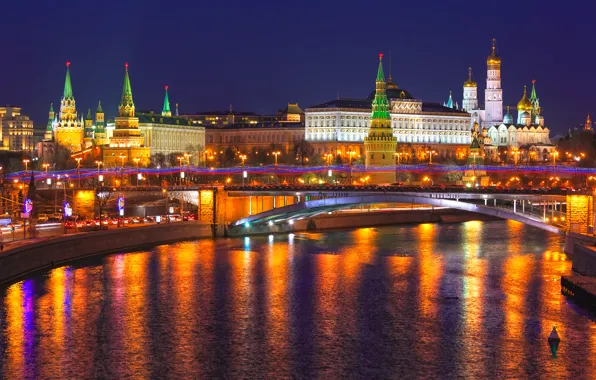 Ночь, city, огни, отражение, река, Москва, Кремль, Россия