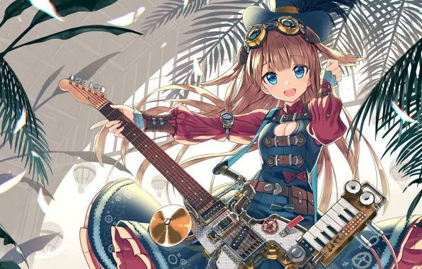 Пальма, гитара, платье, очки, девочка, голубые глаза, парашут, Steam punk