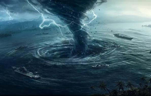 Water, tornado, warship, ship, digital art, military vehicle