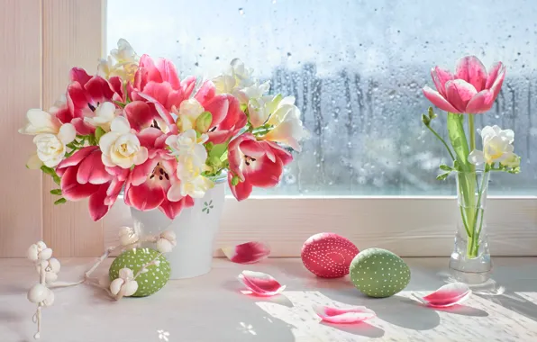 Картинка цветы, яйца, весна, colorful, Пасха, тюльпаны, happy, pink