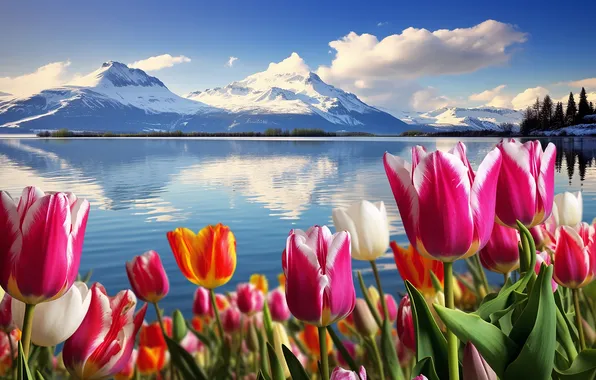 Цветы, весна, colorful, тюльпаны, red, sunshine, landscape, nature