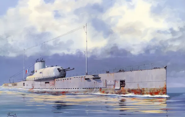 Вода, лодка, рисунок, арт, подводная, Вторая мировая война, submarine, француская