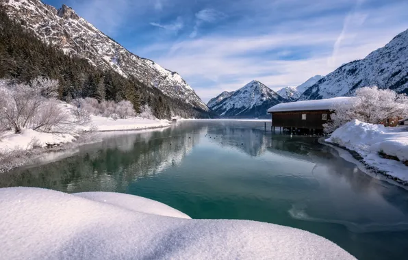 Зима, снег, горы, озеро, Австрия, Альпы, Austria, Alps