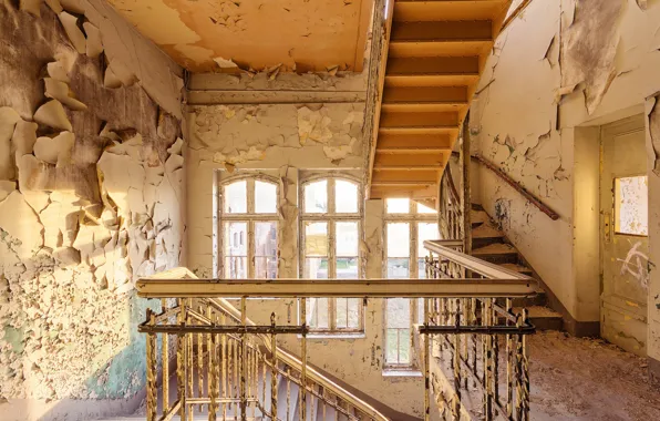 Windows, sunlight, abandoned, door, stairs, decay