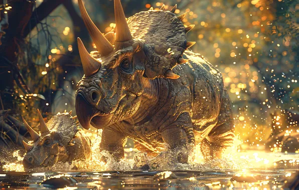 Вода, Деревья, Детеныш, Двое, Рога, Животные, Triceratops, Спереди