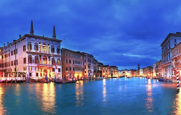 Картинка закат, city, город, огни, вечер, Италия, Венеция, канал