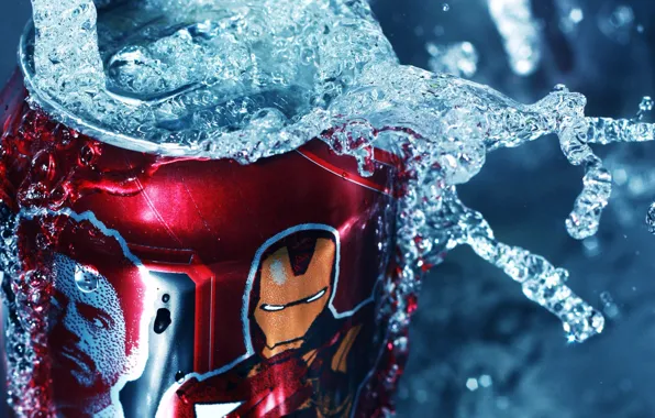 Картинка вода, брызги, банка, красная, Iron Man, жестяная