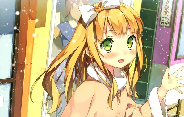 Снег, лицо, румянец, мех, зеленые глаза, витрина, челка, ouji to warawanai neko