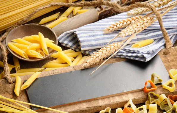 Пшеница, дерево, ложка, доска, спагетти, макароны