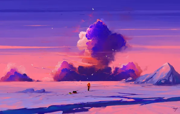 Картинка sky, sunset, art, clouds, mountain, snow, birds, man