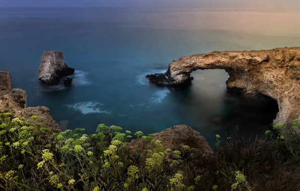 Картинка море, пейзаж, закат, природа, скалы, берег, растительность, арка