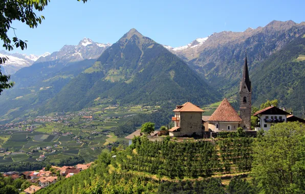 Картинка горы, долина, Италия, церковь, панорама, Italy, Мерано, Больцано