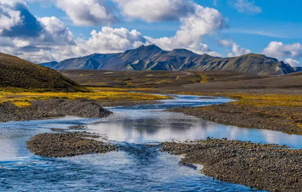 Картинка river, sky, landscape, nature, water, mountains, clouds, reflection