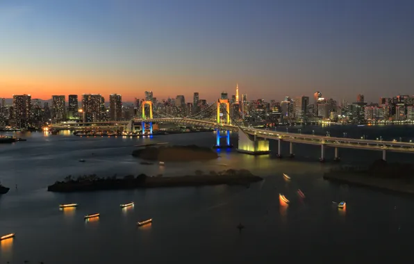 Картинка Tokyo, Japan, twilight, bridge, sunset, dusk, Rainbow Bridge, reflections