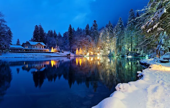 Картинка зима, лес, снег, деревья, огни, озеро, дом, вечер