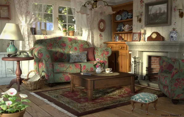 Уют, мебель, люстра, помещение, Vintage living room