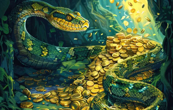 Змея, Пещера, Деньги, Рептилия, Золото, Животное, Цифровое искусство, ИИ-арт