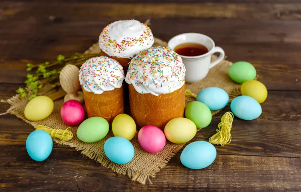 Яйца, colorful, Пасха, happy, cake, кулич, wood, Easter