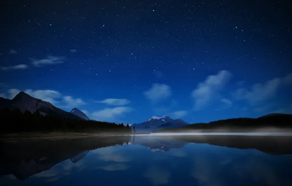 Небо, вода, звезды, горы, ночь, озеро, Канада, парк Джаспер
