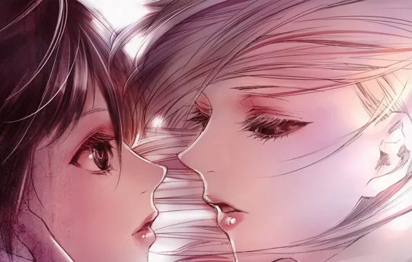 Крупный план, рисунок, Девушки, двое, art, почти поцелуй, Kiyohara Hiro