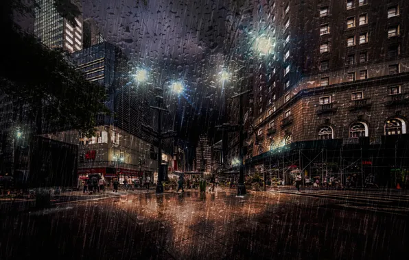 Капли, ночь, дождь, New York