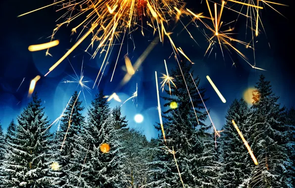 Картинка зима, лес, снег, деревья, ночь, огни, блики, праздник