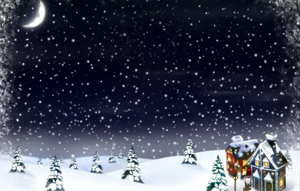 Картинка снег, дом, елки, новый год