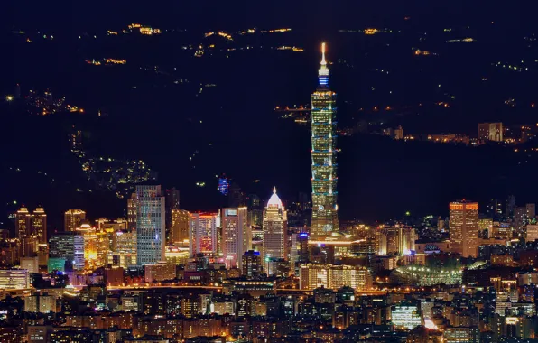 China, панорама, Китай, Тайвань, ночной город, Тайбэй, Taiwan, Taipei
