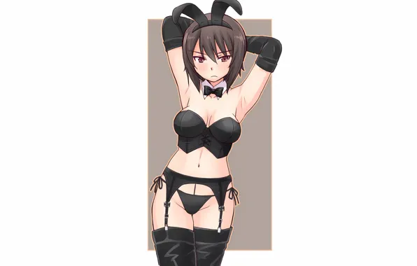 Girl, sexy, lingerie, pantsu, cleavage, panties, thighhighs, brown hair