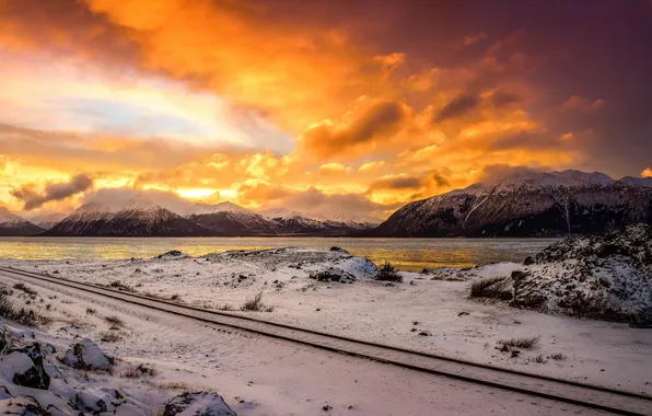 Картинка Alaska, winter, mountains, Turnagain arm sunset