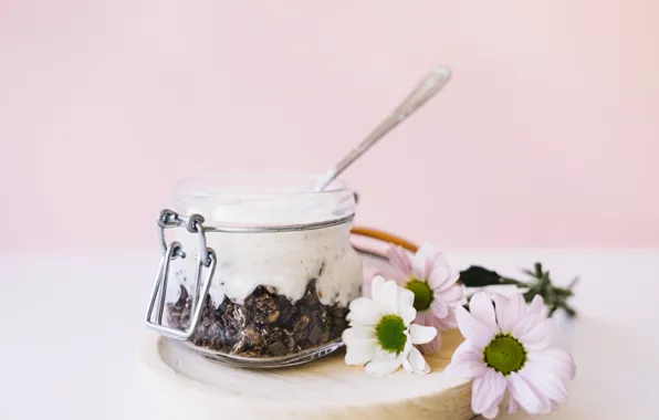 Картинка цветы, еда, шоколад, орехи, десерт, йогурт