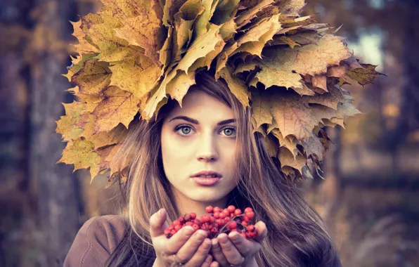 Осень, листья, ягоды, портрет, рябина