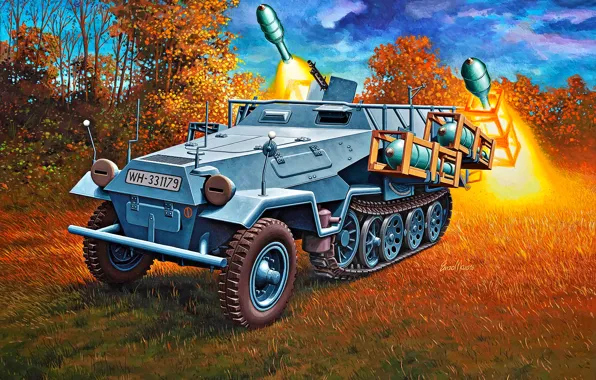 Картинка самоходная, Вторая Мировая Война, Wurfrahmen 40, тяжелая, Sd Kfz 251, Германская, реактивная система залпового огня, …