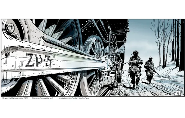 Soldiers, snow, Train, realism, drawing, effects, perspective