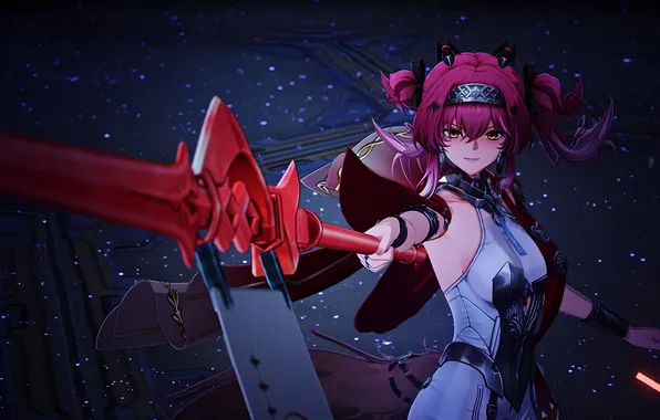 Девушка, звезды, ночь, оружие, Аниме, Anime, боевая стойка, Anime girls