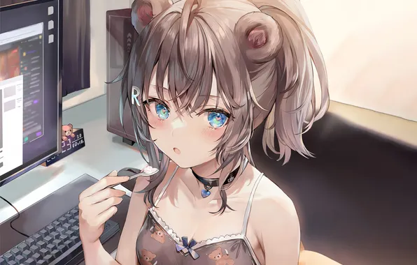 Girl, blouse, boobs, animal ears, computer, anime, beautiful, short hair