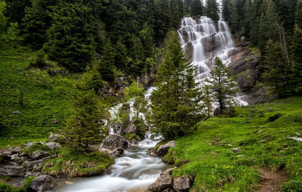 Картинка лес, деревья, камни, скалы, Франция, водопад, Brochaux Waterfall