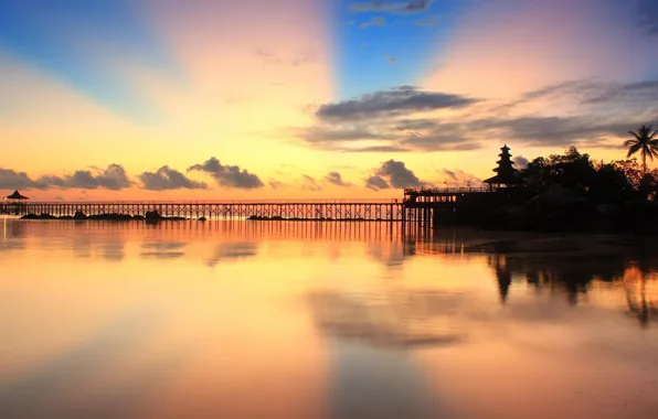 Ocean, sunset, clouds, pier, Indonesia, Batam Island, Turi Beach Resort