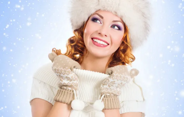 Картинка зима, девушка, улыбка, шапка, макияж, рыжая, woman, winter