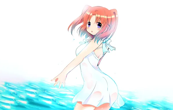 Girl, dress, anime, water, beautiful, short hair, pretty, redhead