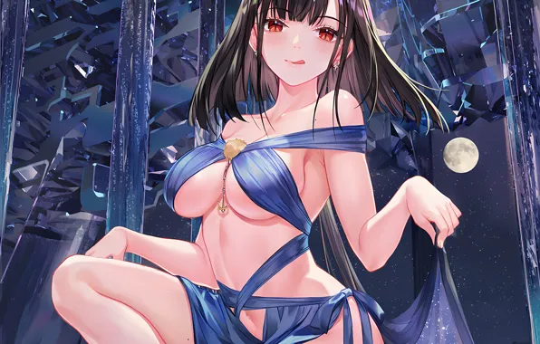 Girl, moon, sexy, cleavage, long hair, dress, legs, boobs