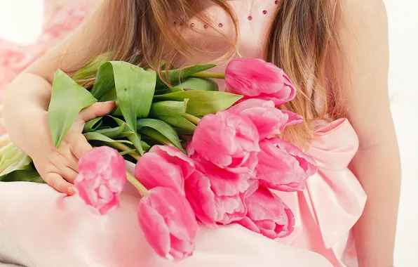 Девушка, цветы, ребенок, тюльпаны