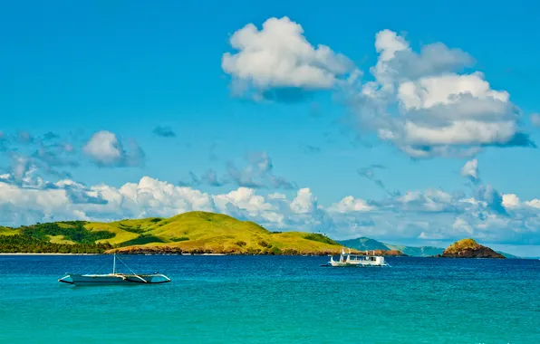 Море, небо, облака, лодка, корабль, остров