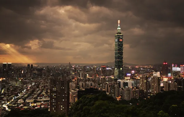 City, night, building