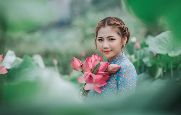 Листья, девушка, цветы, природа, портрет, букет, азиатка, лотосы