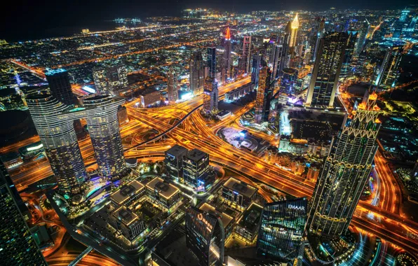 Ночь, огни, панорама, Дубай, Dubai, небоскрёбы